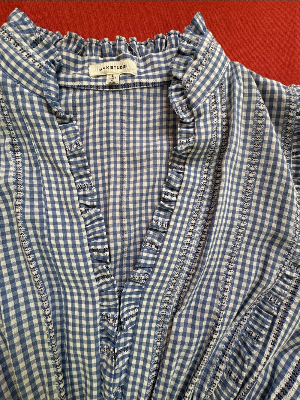Max Studio Blue Gingham Ruffle V-Neck Tunic